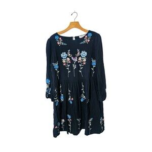 Brass & Roe SZ M Blue Black Embroidered Floral Boho Hippie Flowy Babydoll Dress